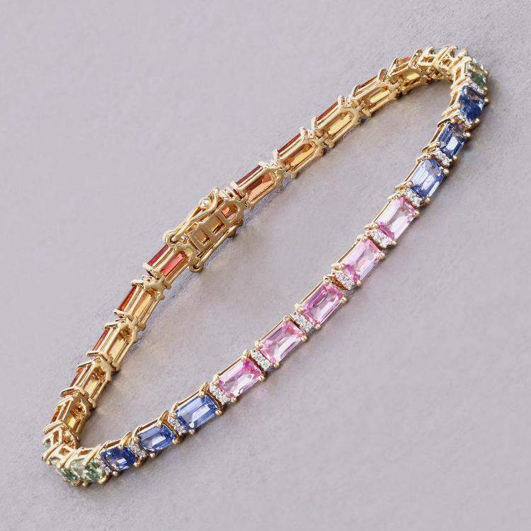 مملوكة مسبقًا 10.19 cts Multi Sapphire and Diamond 14K Yellow Gold Tennis Bracelet 7.25 Inches