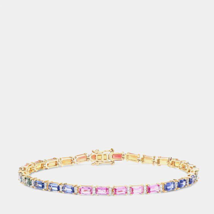 مملوكة مسبقًا 10.19 cts Multi Sapphire and Diamond 14K Yellow Gold Tennis Bracelet 7.25 Inches