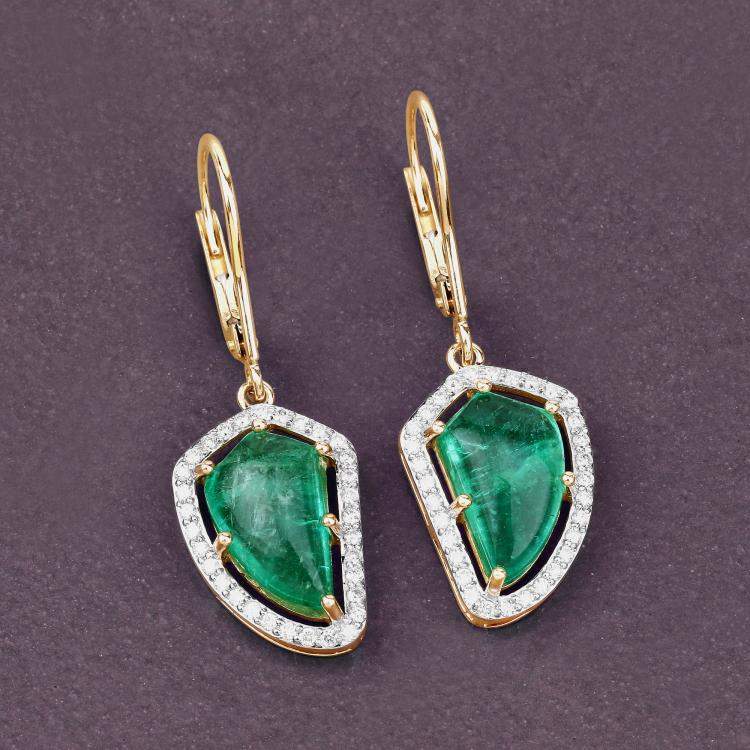 Pre Owned 7.05 cts Colombian Emerald and Diamond 14K Yellow Gold Statement Earrings