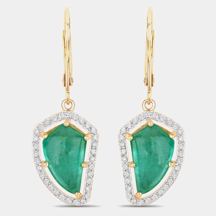 Pre Owned 7.05 cts Colombian Emerald and Diamond 14K Yellow Gold Statement Earrings
