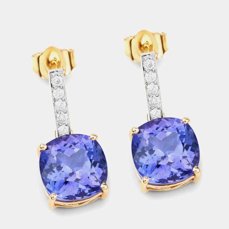 Pre Owned أقراط 5.50 قيراط تنزانيت وألماس ذهب أصفر عيار 14 متدلية