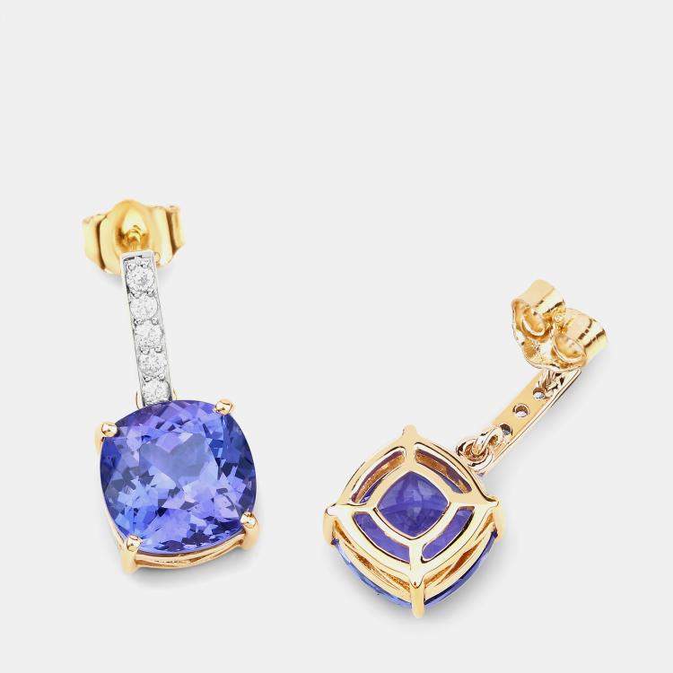 Pre Owned أقراط 5.50 قيراط تنزانيت وألماس ذهب أصفر عيار 14 متدلية