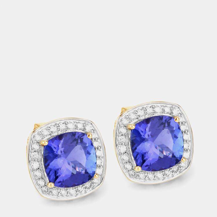 Pre Owned 5.50 cts Tanzanite and Diamond 14K Yellow Gold Studs Earrings
