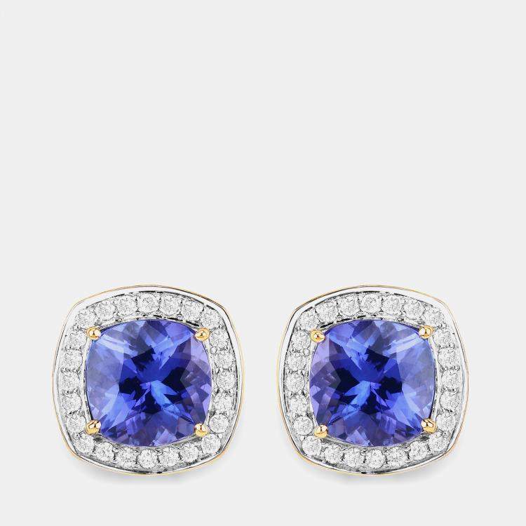 Pre Owned 5.50 cts Tanzanite and Diamond 14K Yellow Gold Studs Earrings