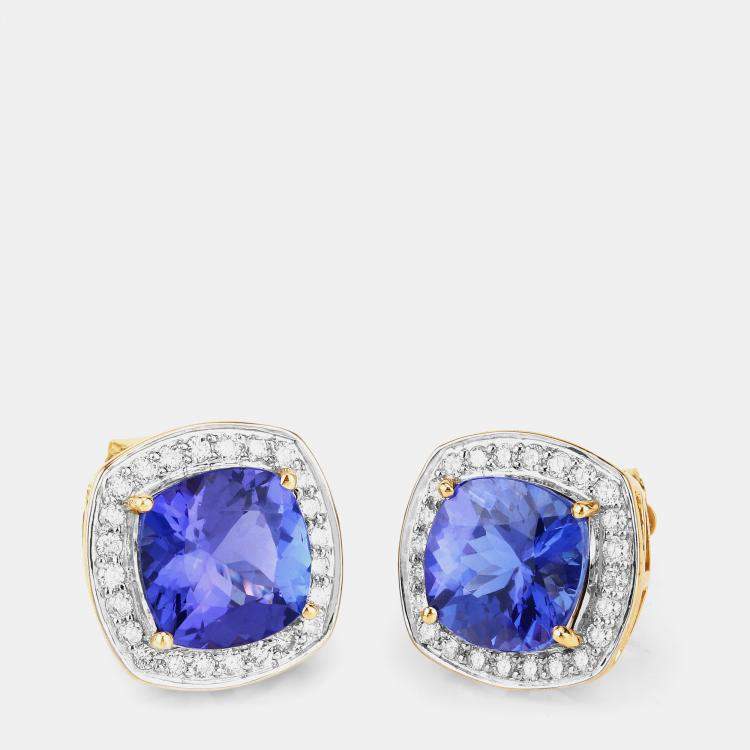 Pre Owned 5.50 cts Tanzanite and Diamond 14K Yellow Gold Studs Earrings