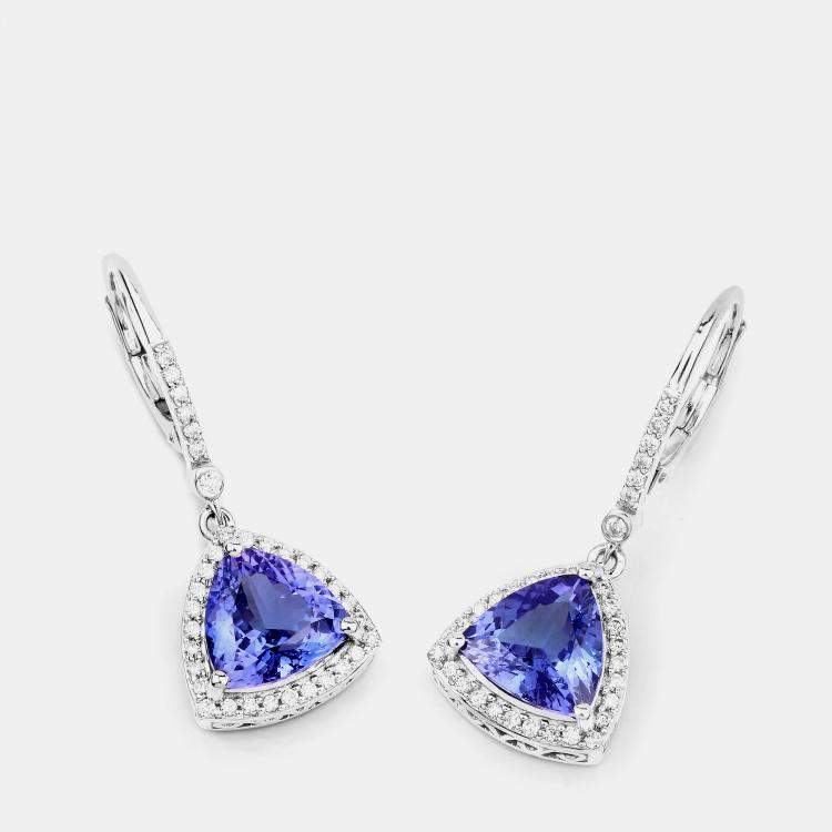 Pre Owned 4.24 cts Tanzanite and Diamond 14K White Gold Dangle Earrings