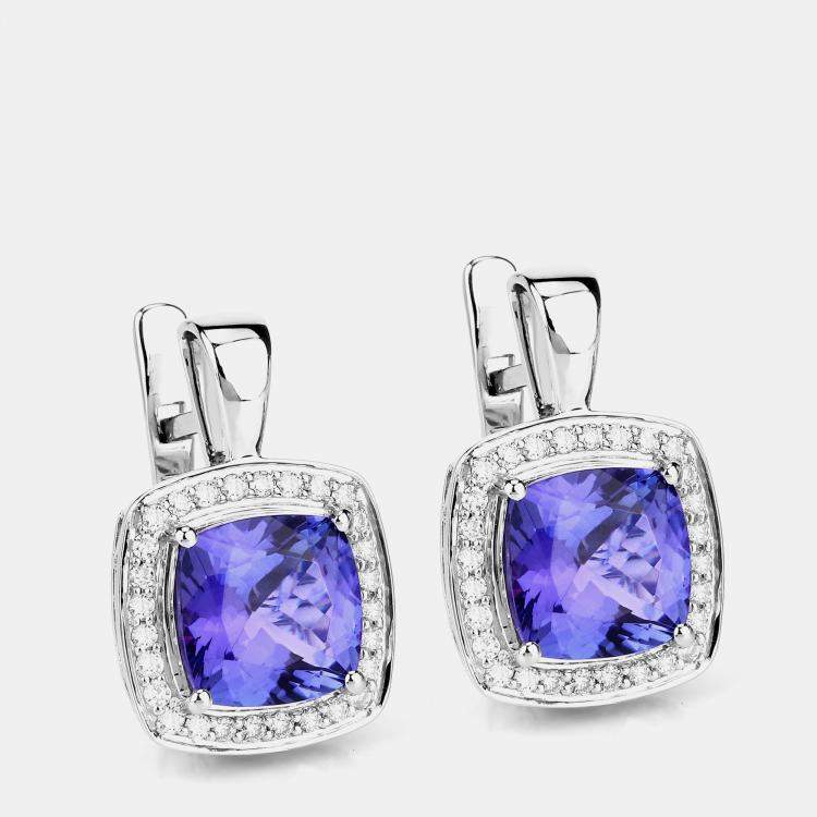 مملوكة مسبقًا 5.50 cts Tanzanite and Diamond 14K White Gold Halo Earrings