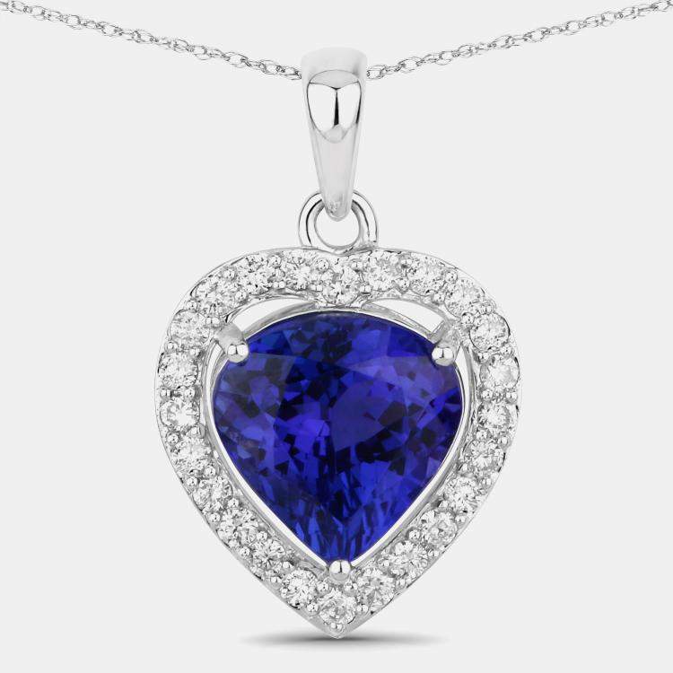 Pre Owned 3.40 cts Tanzanite and Diamond 14K White Gold Heart Shape Pendant