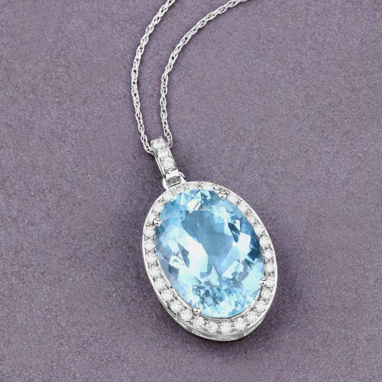 Pre Owned 9.11 cts Aquamarine and Diamond 14K White Gold Halo Pendant