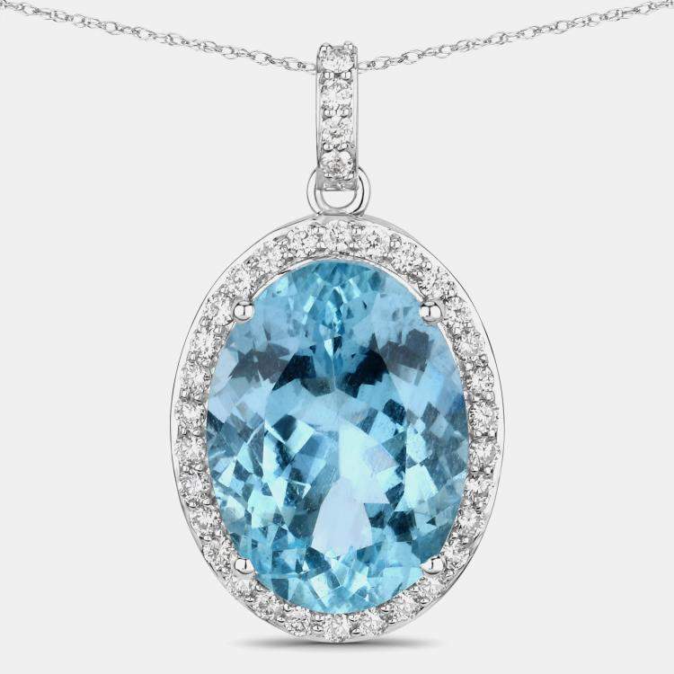 Pre Owned 9.11 cts Aquamarine and Diamond 14K White Gold Halo Pendant