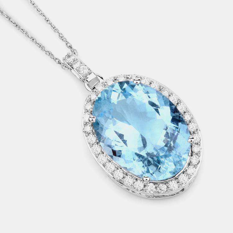 Pre Owned 9.11 cts Aquamarine and Diamond 14K White Gold Halo Pendant