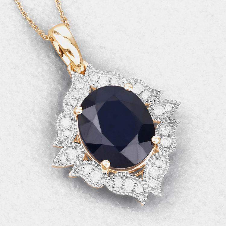 Pre Owned 6.21 cts Blue Sapphire and Diamond 14K Yellow Gold Statement Pendant