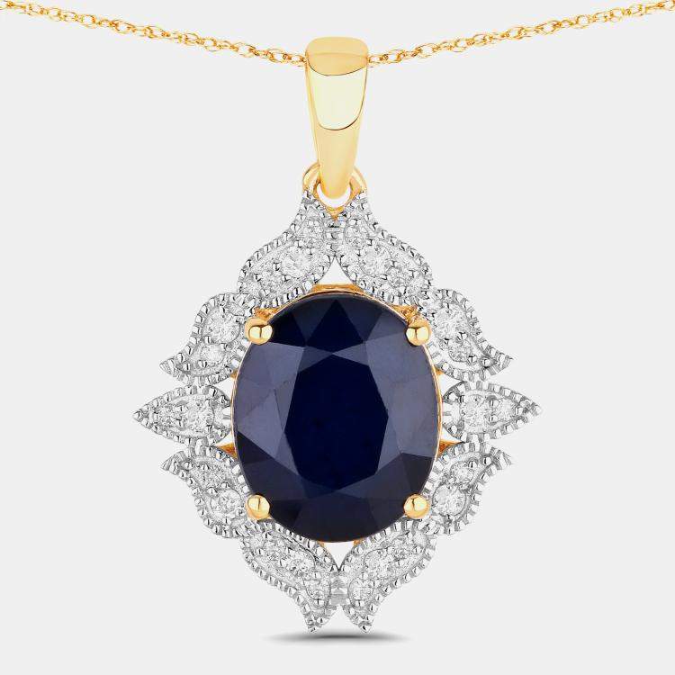 Pre Owned 6.21 cts Blue Sapphire and Diamond 14K Yellow Gold Statement Pendant