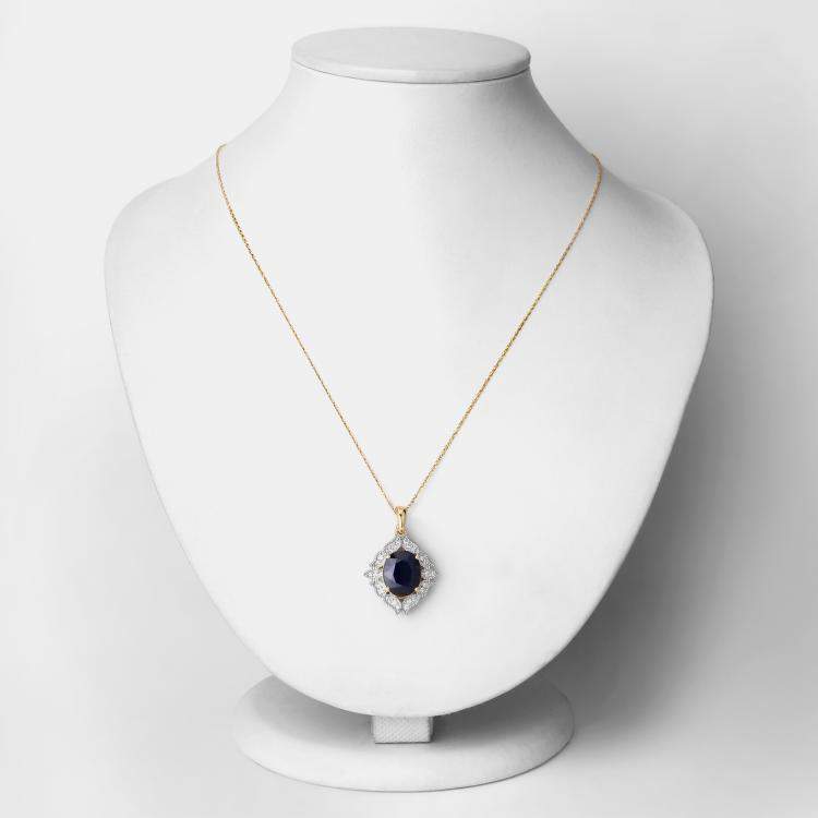 Pre Owned 6.21 cts Blue Sapphire and Diamond 14K Yellow Gold Statement Pendant