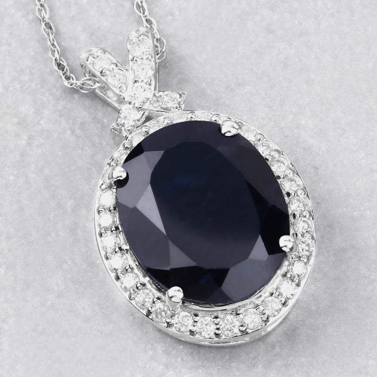 Pre Owned 6.21 cts Blue Sapphire and Diamond 14K White Gold Halo Pendant