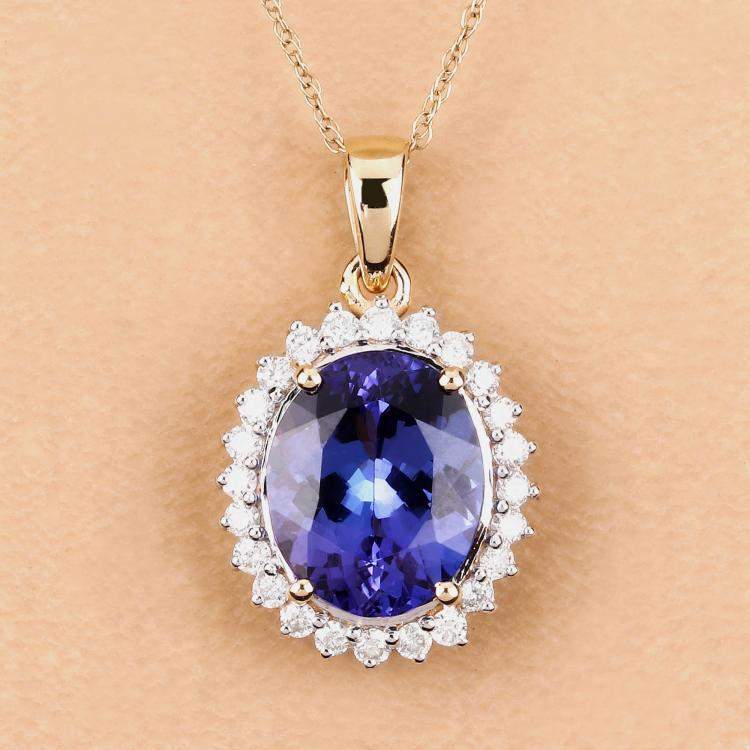 Pre Owned 4.34 cts Tanzanite and Diamond 14K Yellow Gold Halo Pendant