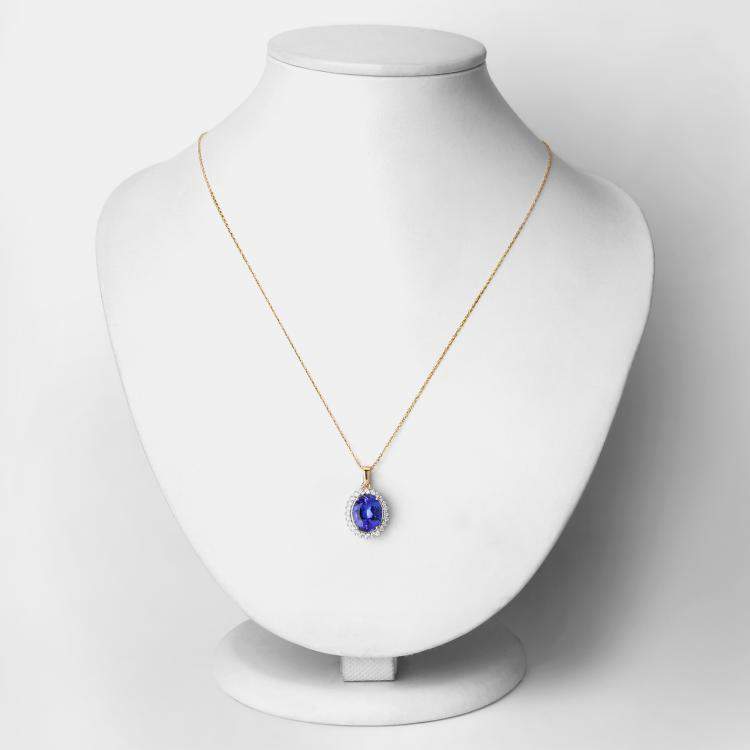Pre Owned 4.34 cts Tanzanite and Diamond 14K Yellow Gold Halo Pendant