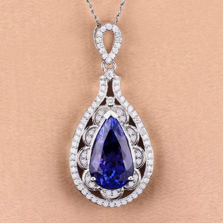 Pre Owned 6.17 cts Tanzanite and Diamond 14K White Gold Teardrop Pendant
