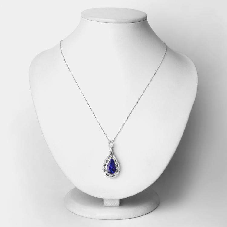 Pre Owned 6.17 cts Tanzanite and Diamond 14K White Gold Teardrop Pendant