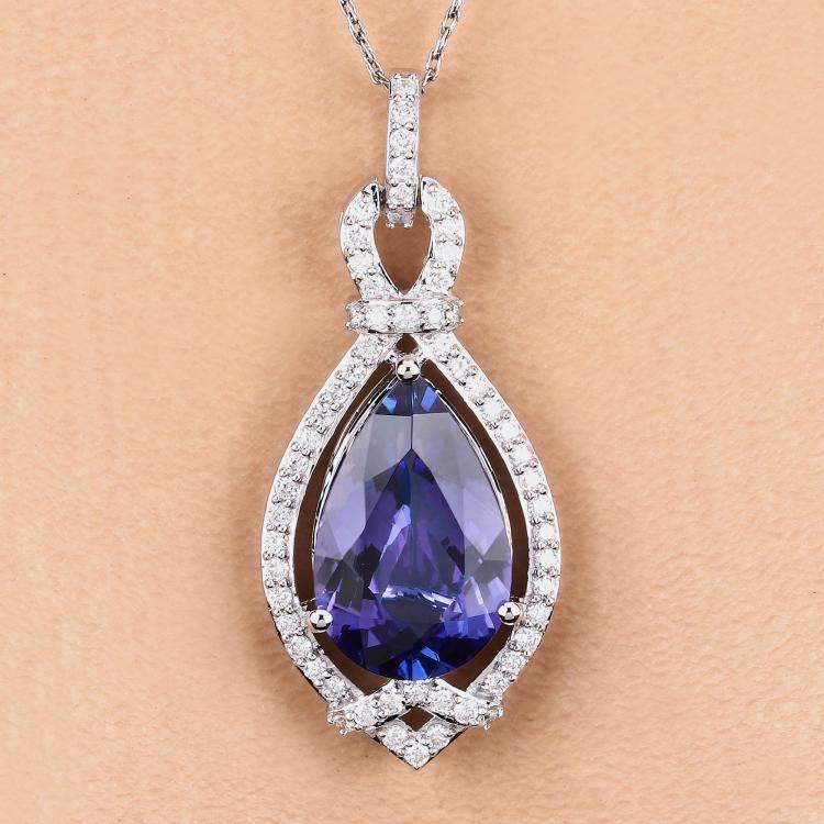 Pre Owned 6.52 cts Tanzanite and Diamond 14K White Gold Teardrop Pendant