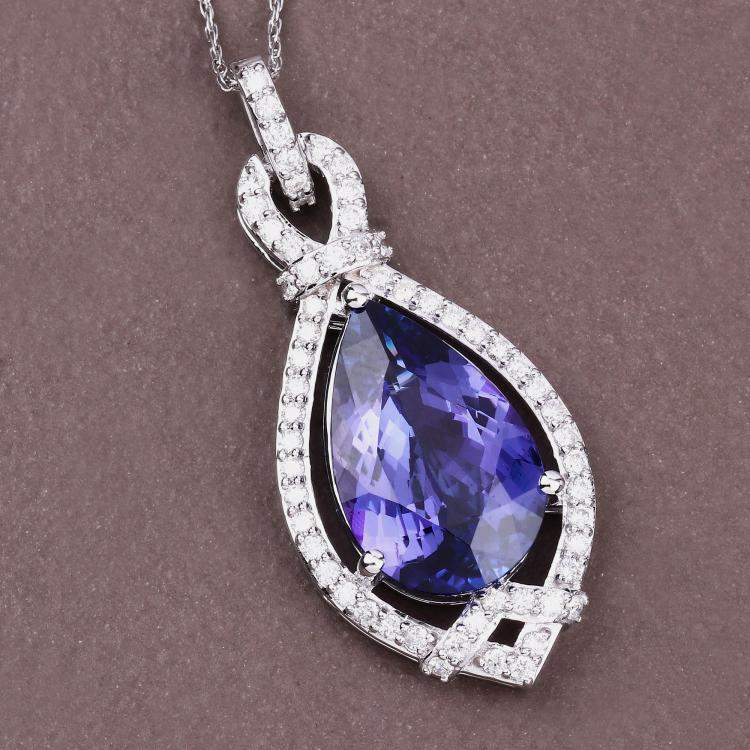 Pre Owned 6.52 cts Tanzanite and Diamond 14K White Gold Teardrop Pendant