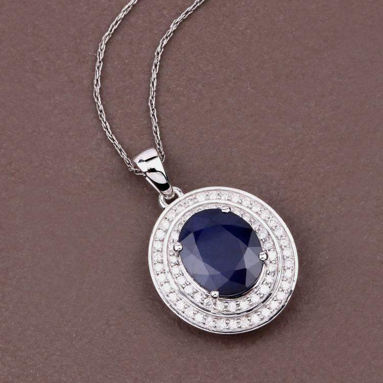Pre Owned 4.32 cts Blue Sapphire and Diamond 14K Yellow Gold Halo Pendant