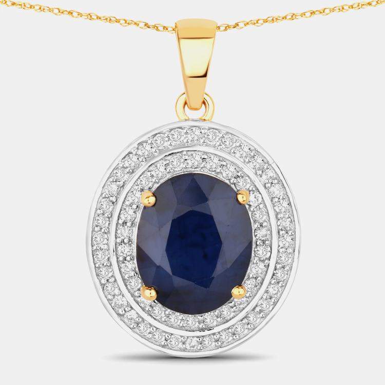 Pre Owned 4.32 cts Blue Sapphire and Diamond 14K Yellow Gold Halo Pendant