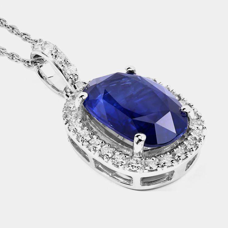 Pre Owned 2.83 cts Ceylon Blue Sapphire and Diamond 18K White Gold Halo Pendant