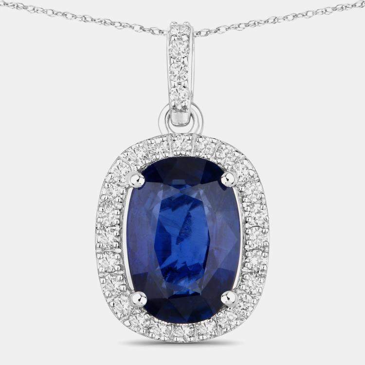 Pre Owned 2.83 cts Ceylon Blue Sapphire and Diamond 18K White Gold Halo Pendant