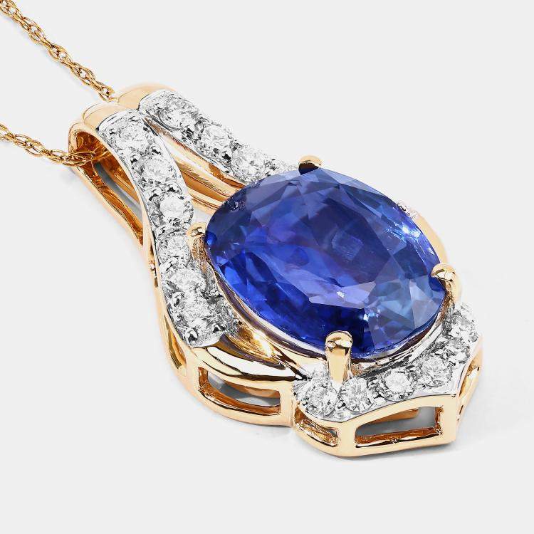 Pre Owned 3.73 cts Ceylon Blue Sapphire and Diamond 18K Yellow Gold Statement Pendant