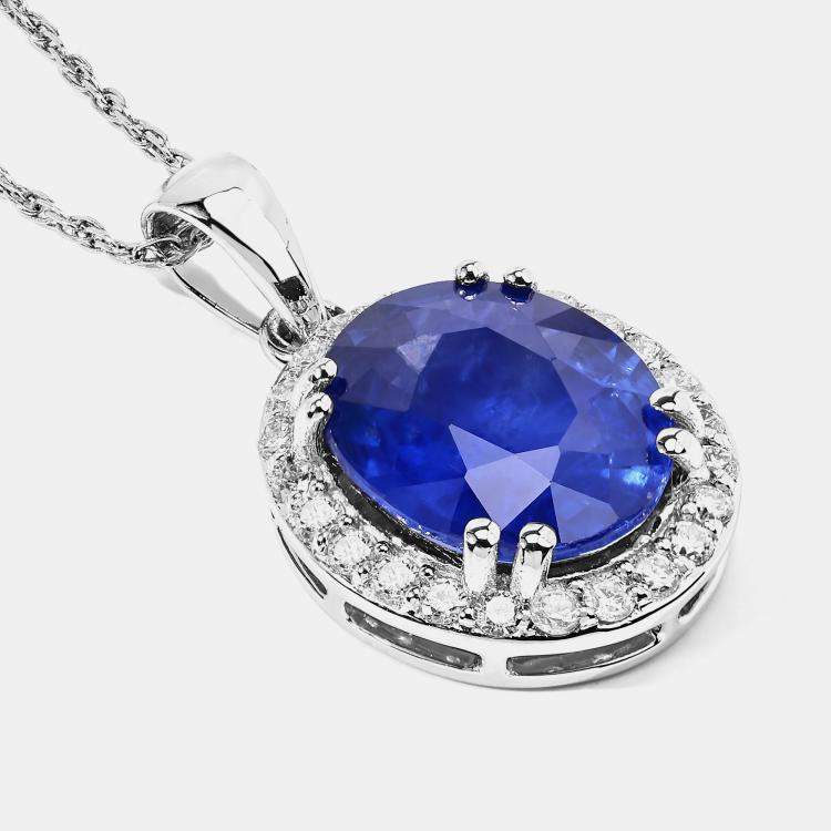 Pre Owned 2.91 cts Ceylon Blue Sapphire and Diamond 18K White Gold Halo Pendant
