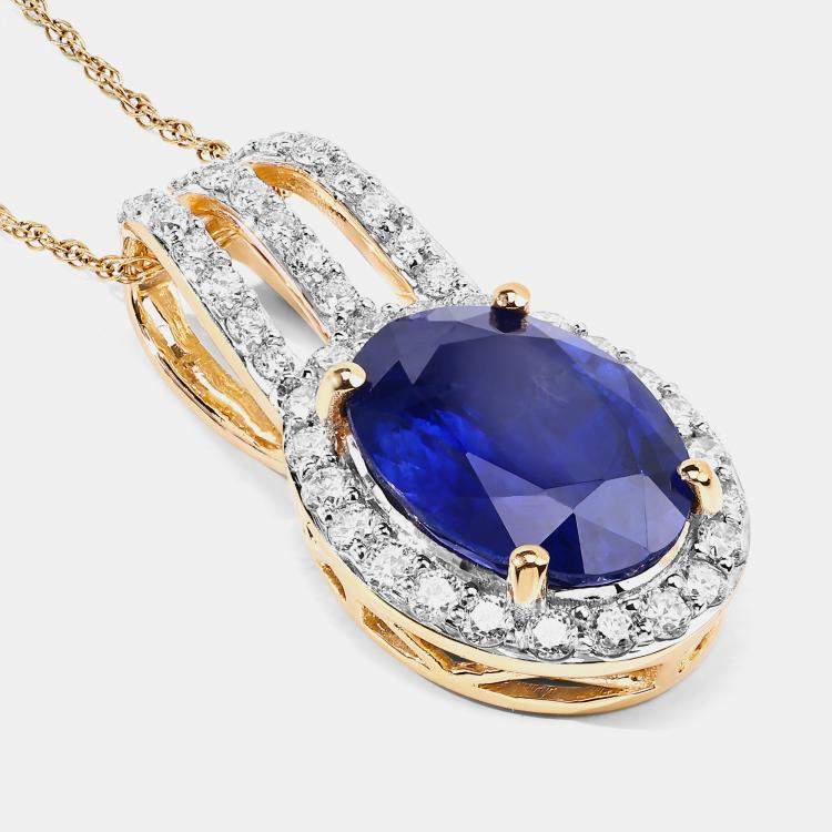 Pre Owned 3.59 cts Ceylon Blue Sapphire and Diamond 18K Yellow Gold Statement Pendant