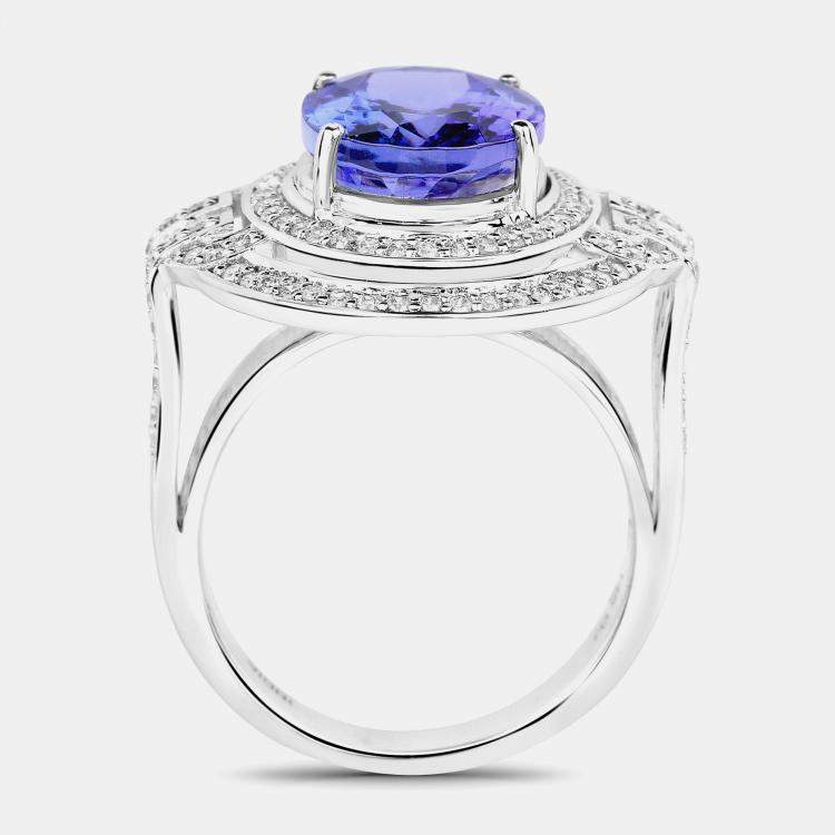 Pre Owned 6.22 cts Tanzanite and Diamond 14K White Gold Halo Ring US Size 7