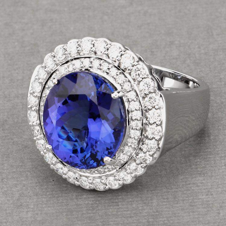 Pre Owned 9.67 cts Tanzanite and Diamond 18K White Gold Halo Ring US Size 8