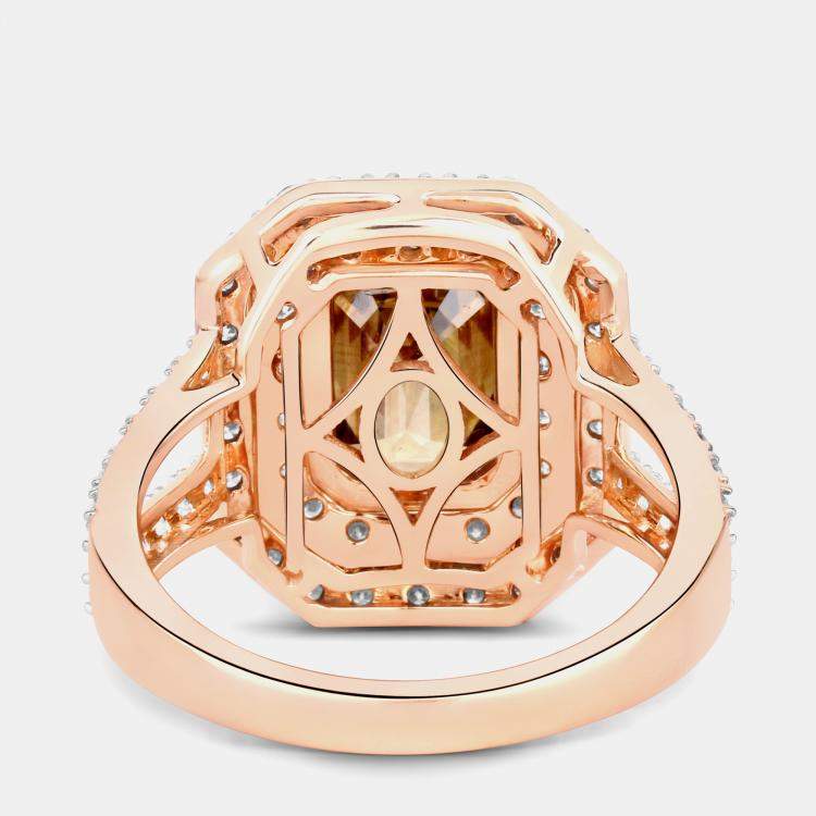 Pre Owned 3.01 cts Fancy Brown Emerald-cut Diamond and Diamond 18K Rose Gold Statement Ring US Size 7