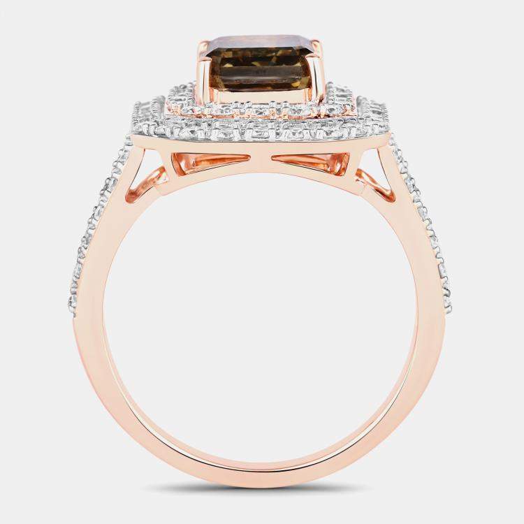 Pre Owned 3.01 cts Fancy Brown Emerald-cut Diamond and Diamond 18K Rose Gold Statement Ring US Size 7