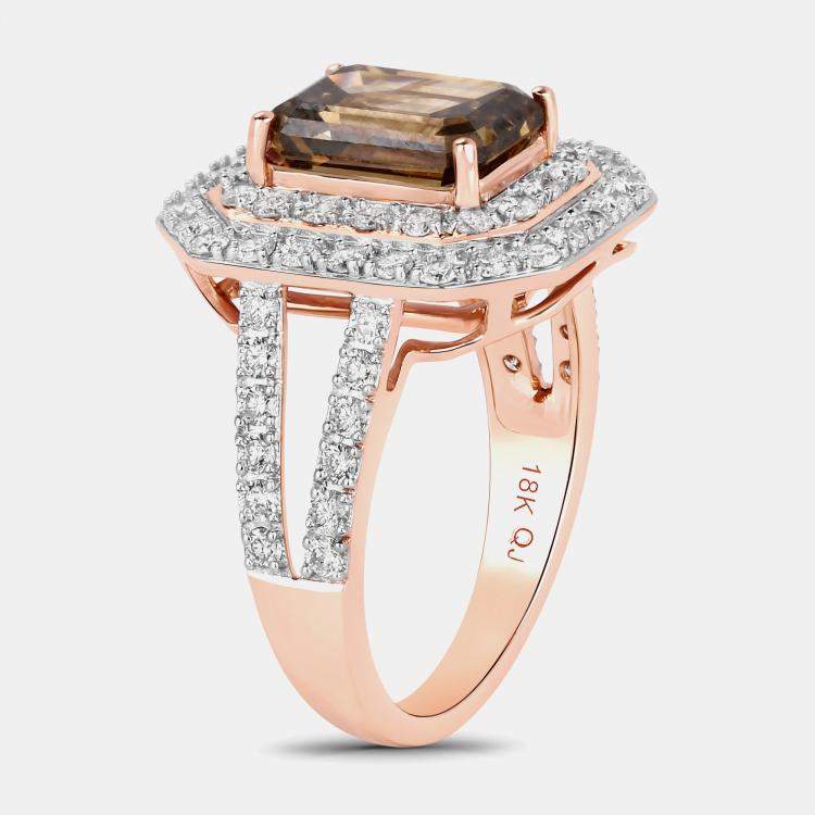 Pre Owned 3.01 cts Fancy Brown Emerald-cut Diamond and Diamond 18K Rose Gold Statement Ring US Size 7