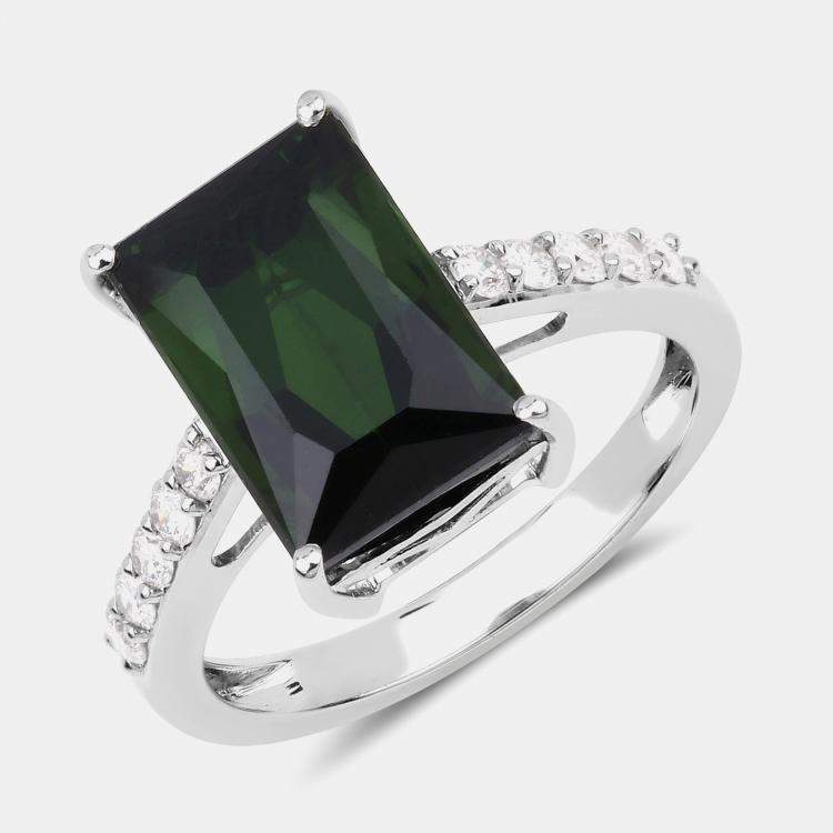 Pre Owned 5.86 cts Green Tourmaline and Diamond 14K White Gold Bridge Ring US Size 7