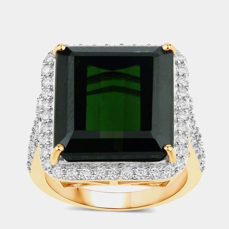 Pre Owned 16.56 cts Green Tourmaline and Diamond 14K Yellow Gold Halo Ring US Size 7