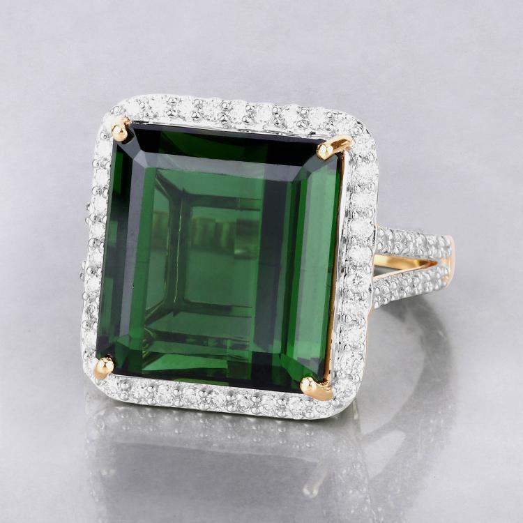 Pre Owned 16.56 cts Green Tourmaline and Diamond 14K Yellow Gold Halo Ring US Size 7