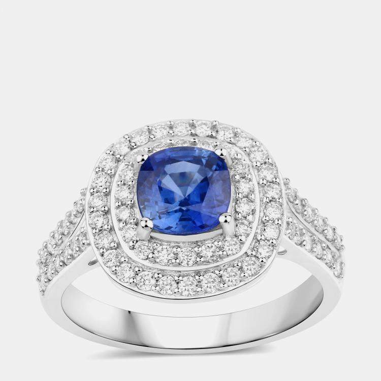 Pre Owned 1.28 cts Blue Sapphire and Diamond 18K White Gold Halo Ring US Size 7