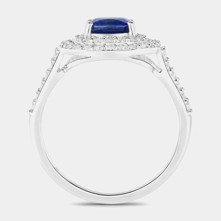 Pre Owned 1.28 cts Blue Sapphire and Diamond 18K White Gold Halo Ring US Size 7