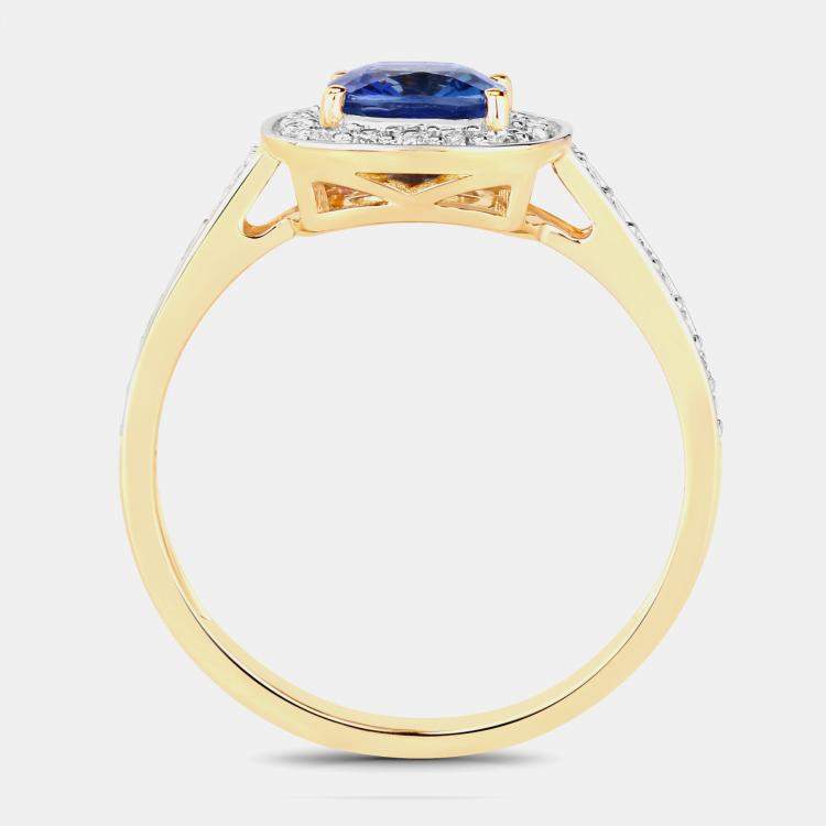مملوكة مسبقًا 0.99 cts Blue Sapphire and Diamond 18K Yellow Gold Bridge Ring US Size 7