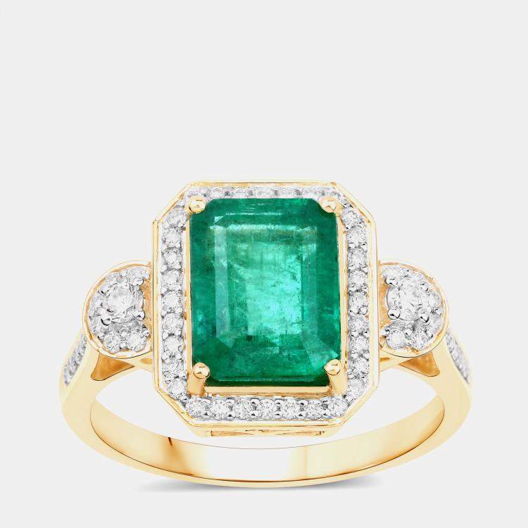 Pre Owned 2.56 cts Zambian Emerald and Diamond 14K Yellow Gold Statement Ring US Size 7