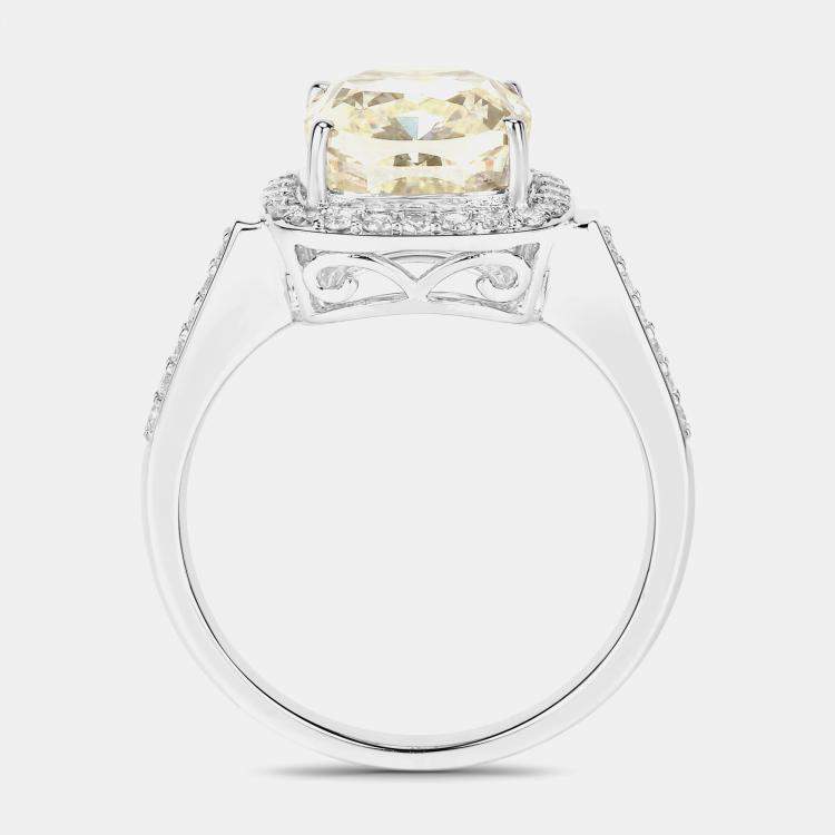 Pre Owned 4.38 ctw Light Yellow Diamond and Diamond 18K White Gold Statement Ring US Size 7