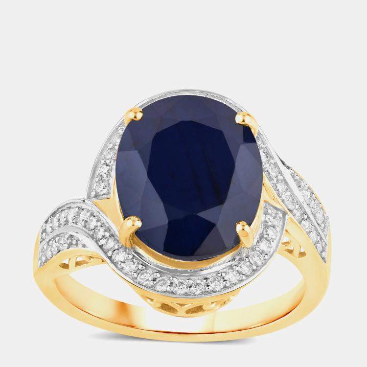 مملوكة مسبقًا 6.21 cts Blue Sapphire and Diamond 14K Yellow Gold Crossover Ring US Size 7