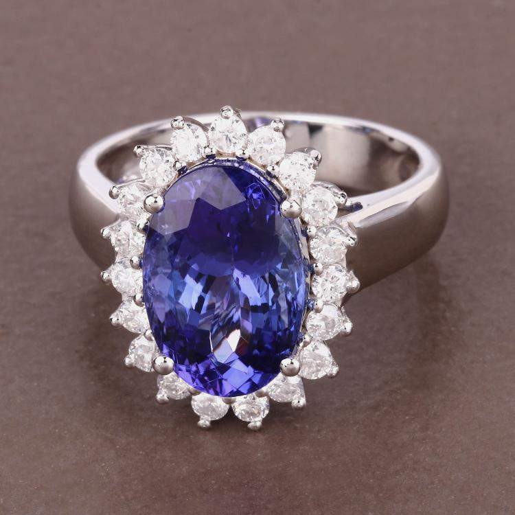 Pre Owned 5.35 cts Tanzanite and Diamond 14K White Gold Halo Ring US Size 7