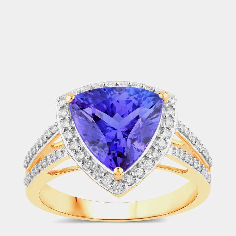 Pre Owned 3.72 cts Trillion Tanzanite and Round Diamond 14K Yellow Gold Halo Ring US Size 7