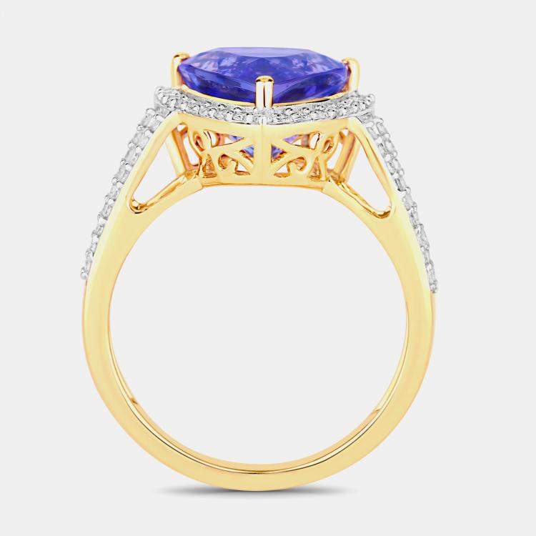 Pre Owned 3.72 cts Trillion Tanzanite and Round Diamond 14K Yellow Gold Halo Ring US Size 7