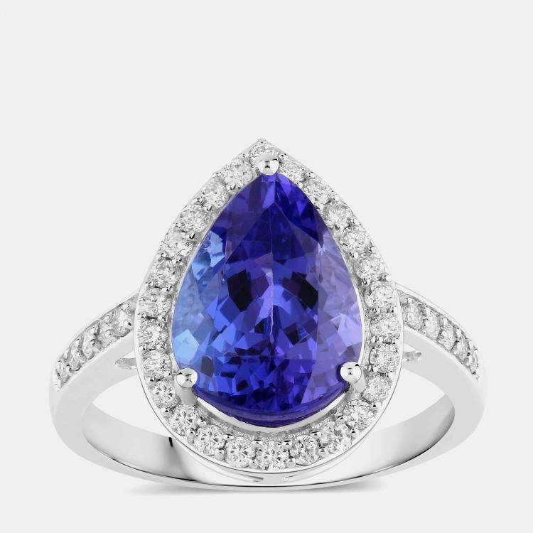 Pre Owned 4.06 cts Tanzanite and Diamond 14K White Gold Halo Ring US Size 7